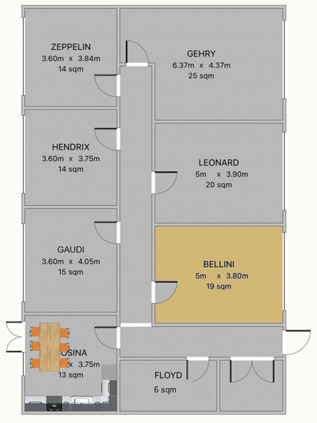Floor plan of the second floor with Bellini highlighted