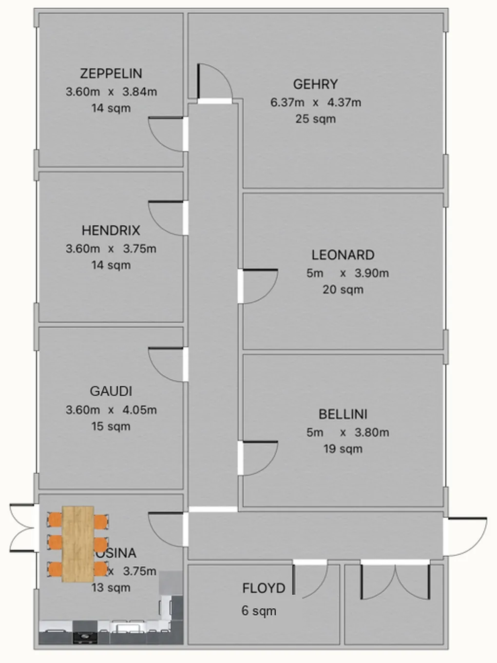 Floor plan of the second floor at Hone Tottenham, each studio named with its size, and the shared kitchen
