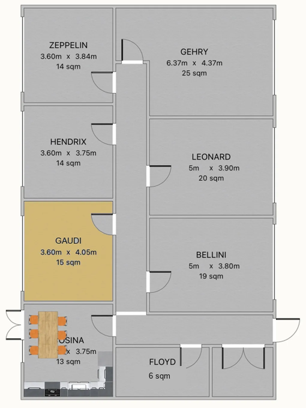 Floor plan of the second floor with Gaudi highlighted