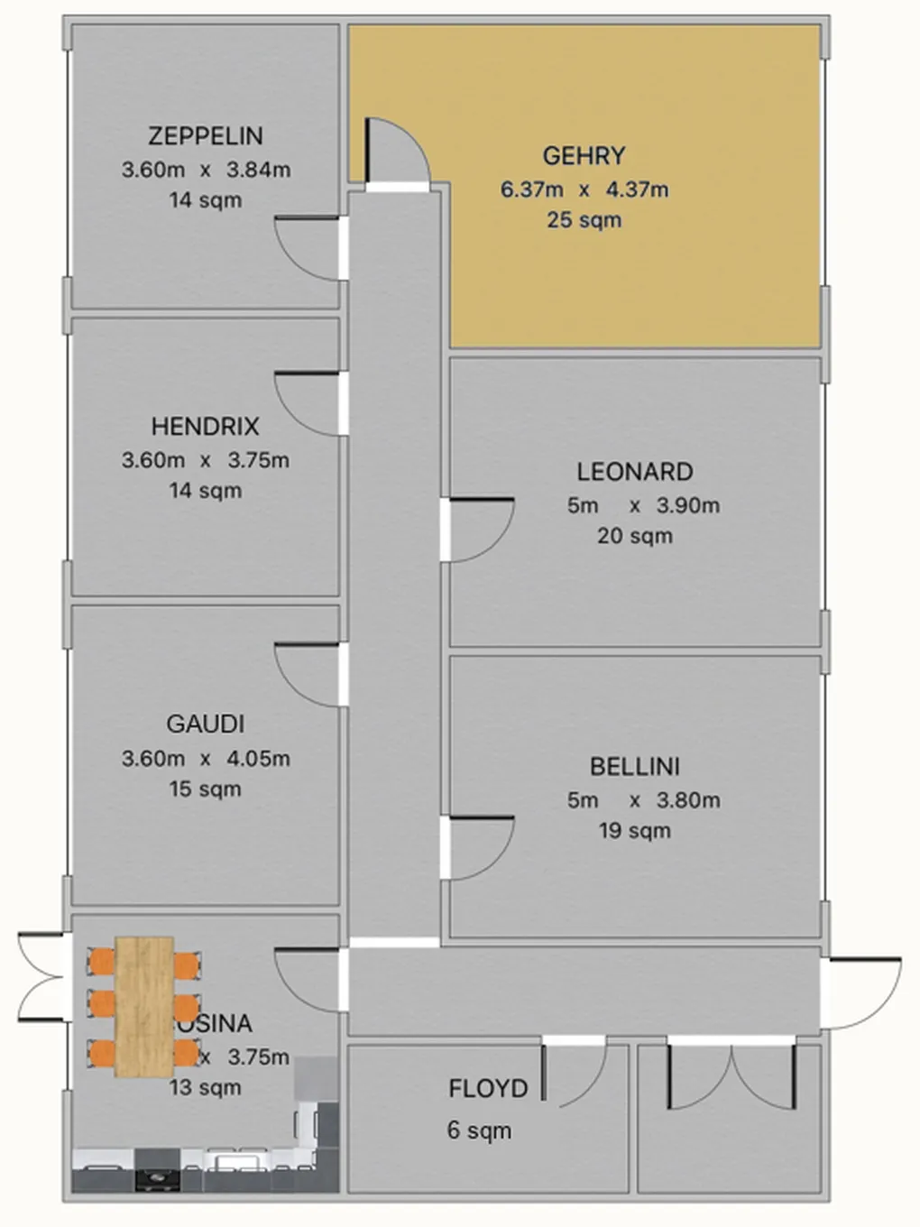 Floor plan of the second floor with Gehry highlighted