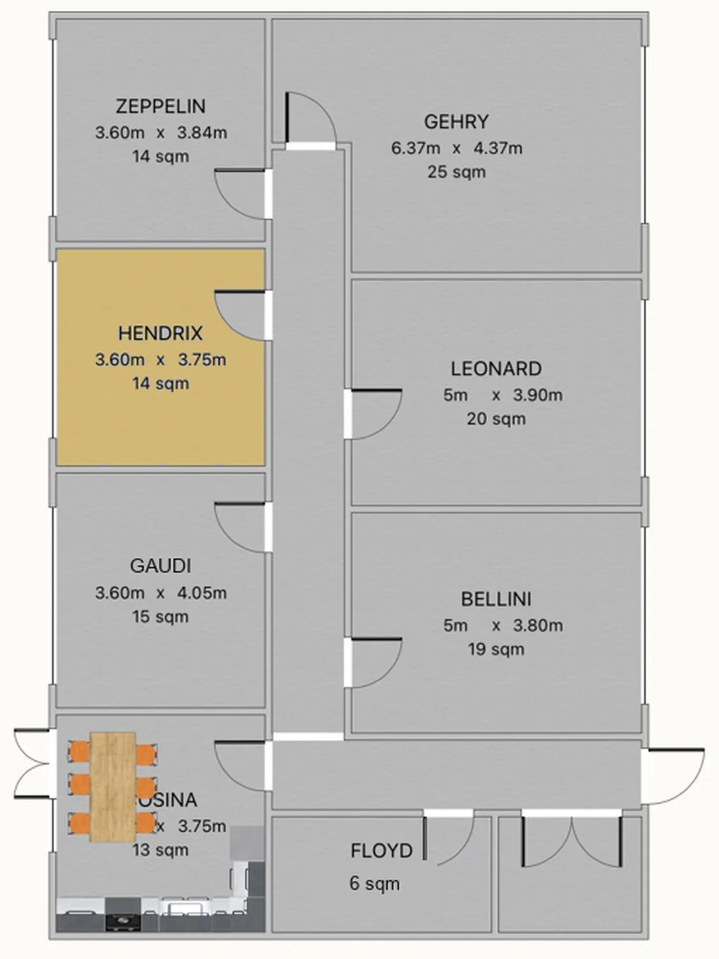 Floor plan of the second floor with Hendrix highlighted