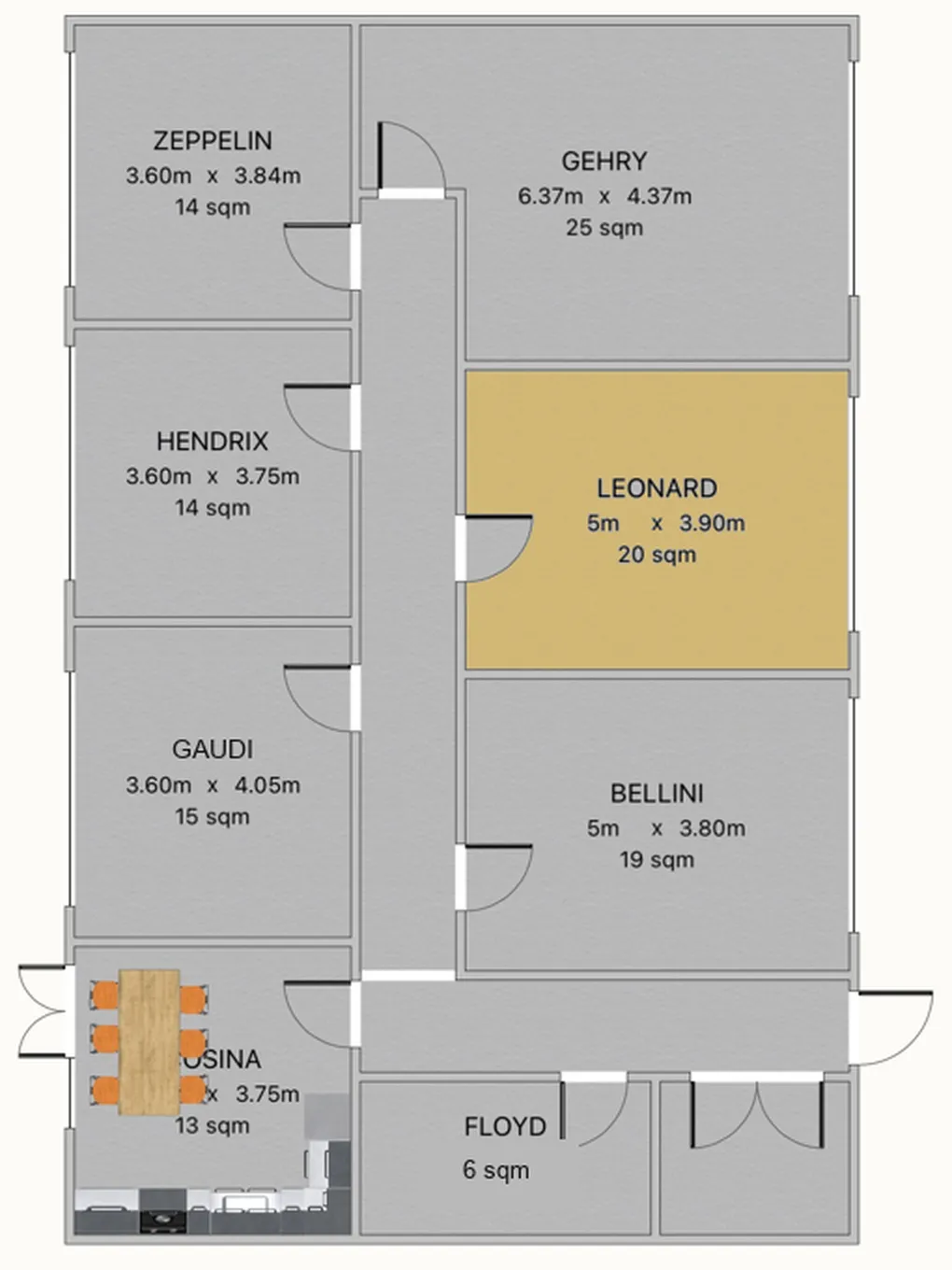 Floor plan of the second floor with Leonard highlighted