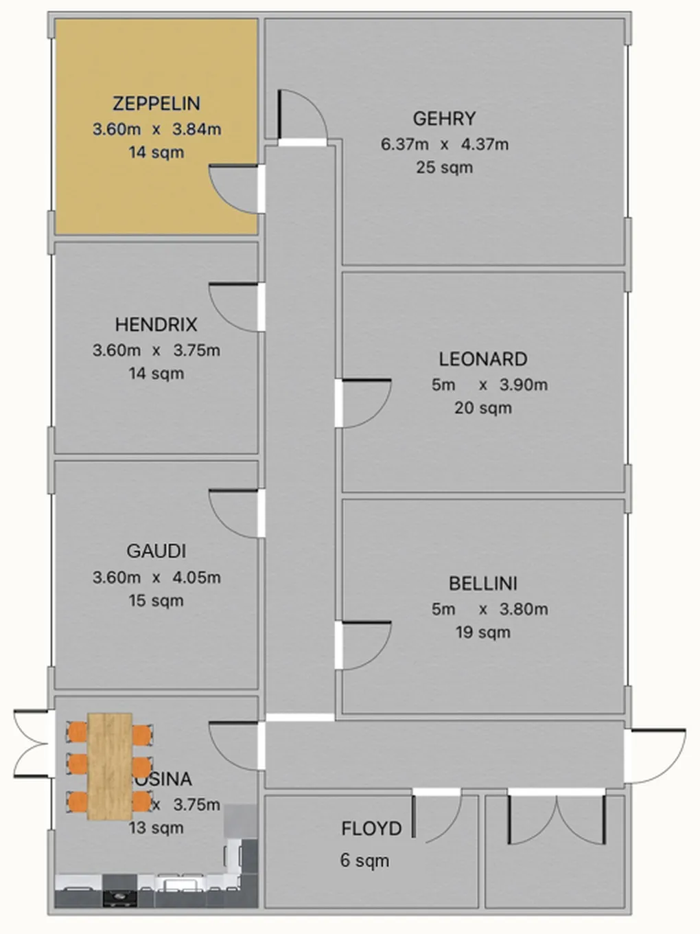 Floor plan of the second floor with Zeppelin highlighted